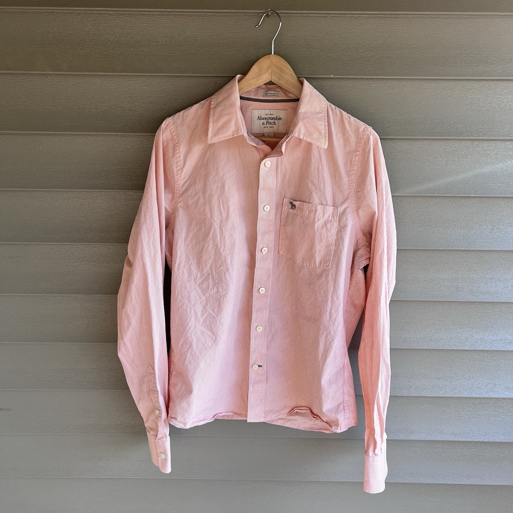 Abercrombie & Fitch Button Down Shirt Men's L Peach Striped Muscle Fit LS